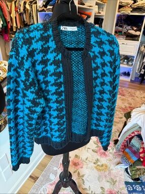 Zara Teal and Black Houndstooth Cardigan